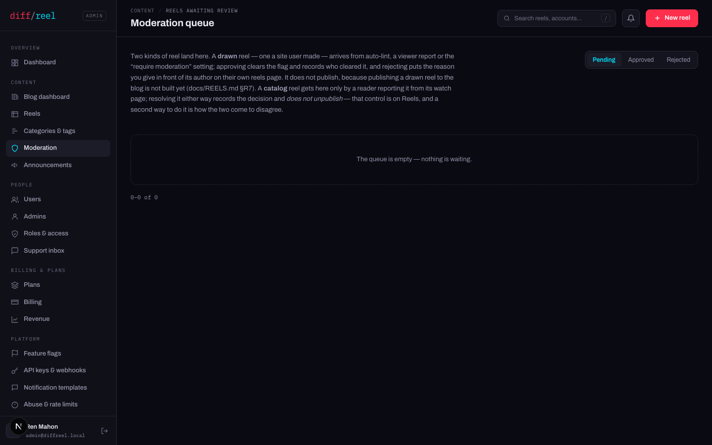 The moderation queue, empty, with Pending / Approved / Rejected tabs.
