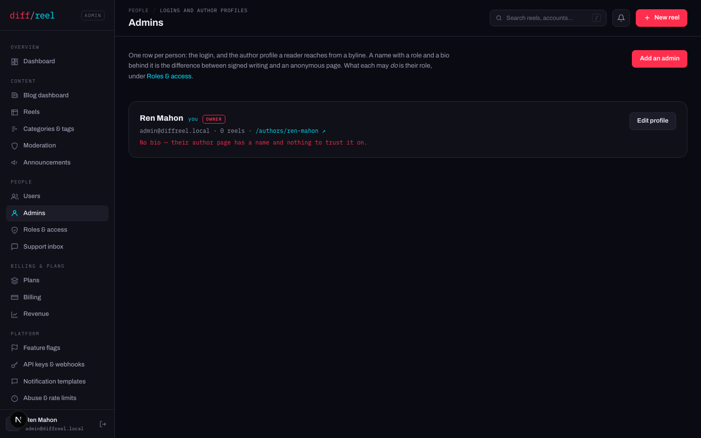 The Admins screen: one row per person with their email, reel count, author URL and an Edit profile button.