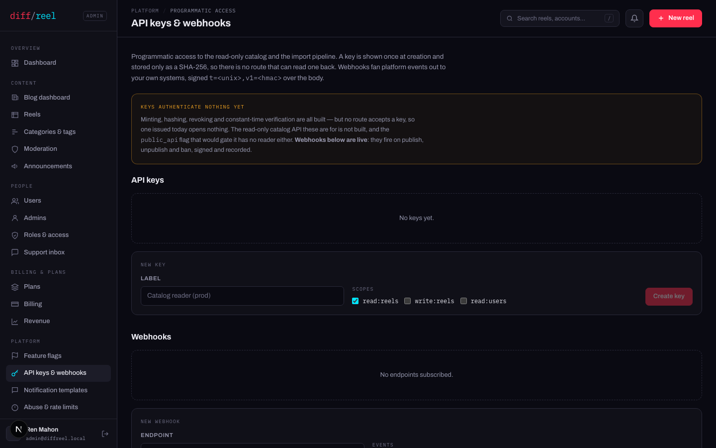 API keys & webhooks: the amber notice that keys authenticate nothing yet, the empty key list, the new-key form and the webhook section.