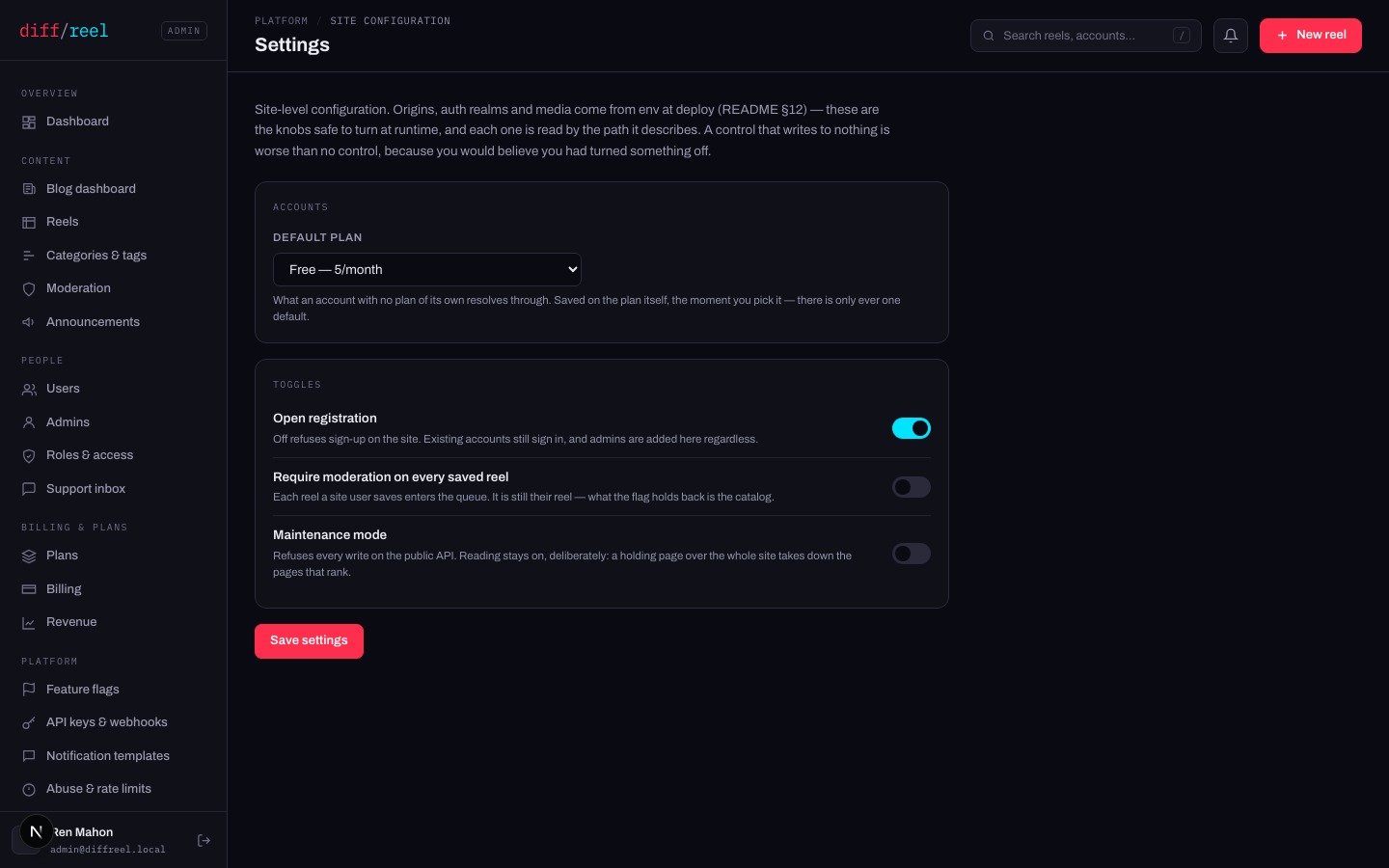 The Settings screen: default plan picker, and three toggles — open registration, require moderation, maintenance mode.