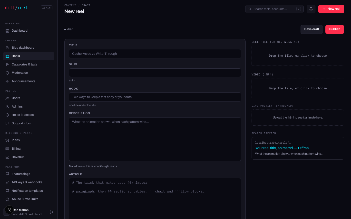 The new reel editor: title, slug, hook, description and article fields on the left; file drops, a sandboxed live preview and a search preview on the right.